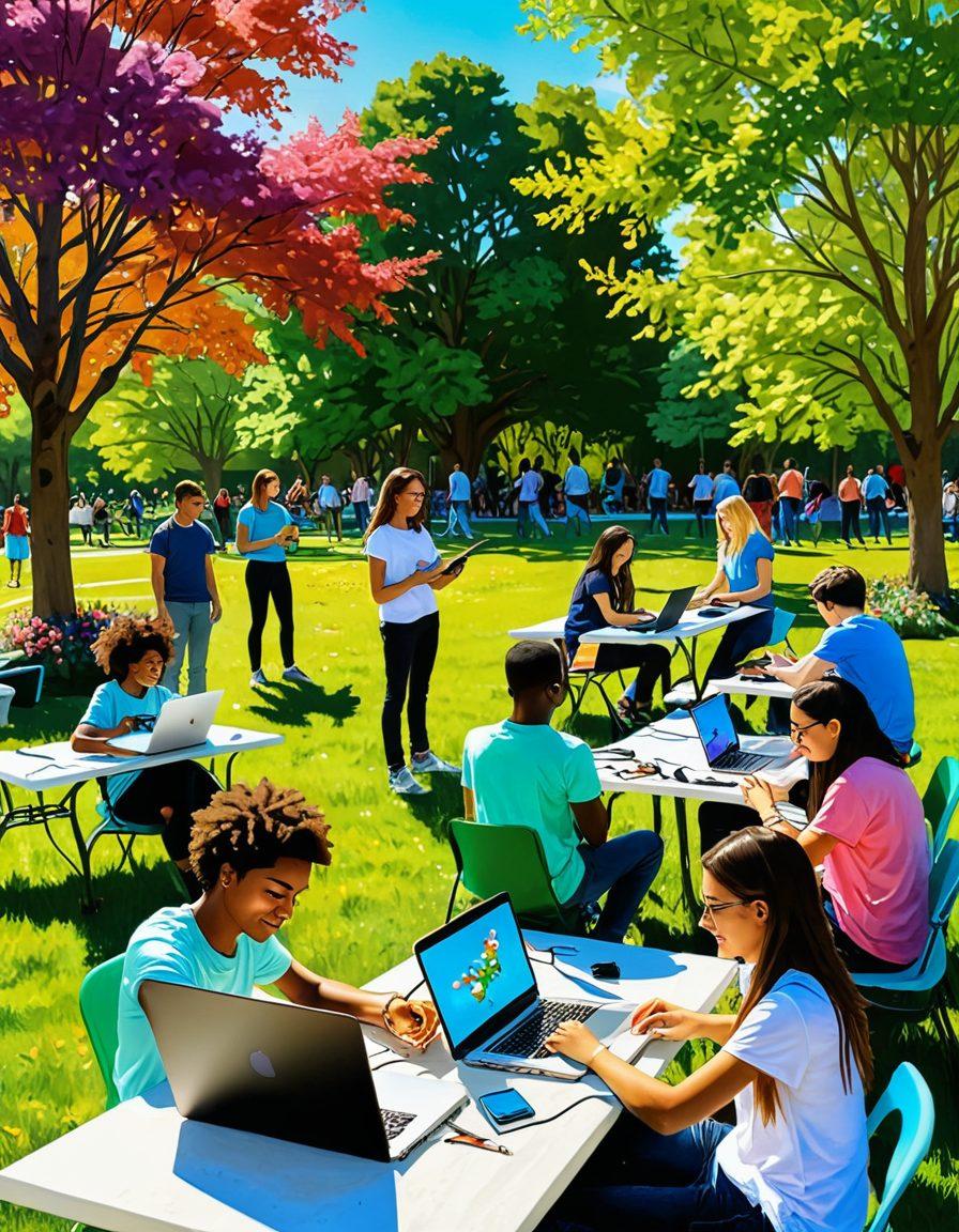A diverse group of enthusiastic teens engaged in various activities such as painting, coding, and playing music in a bright and colorful park setting. The background features a sunny sky with vibrant trees and laughter, symbolizing community and creativity. Include supportive adults cheering them on, representing mentorship and guidance. super-realistic. vibrant colors. dynamic composition.