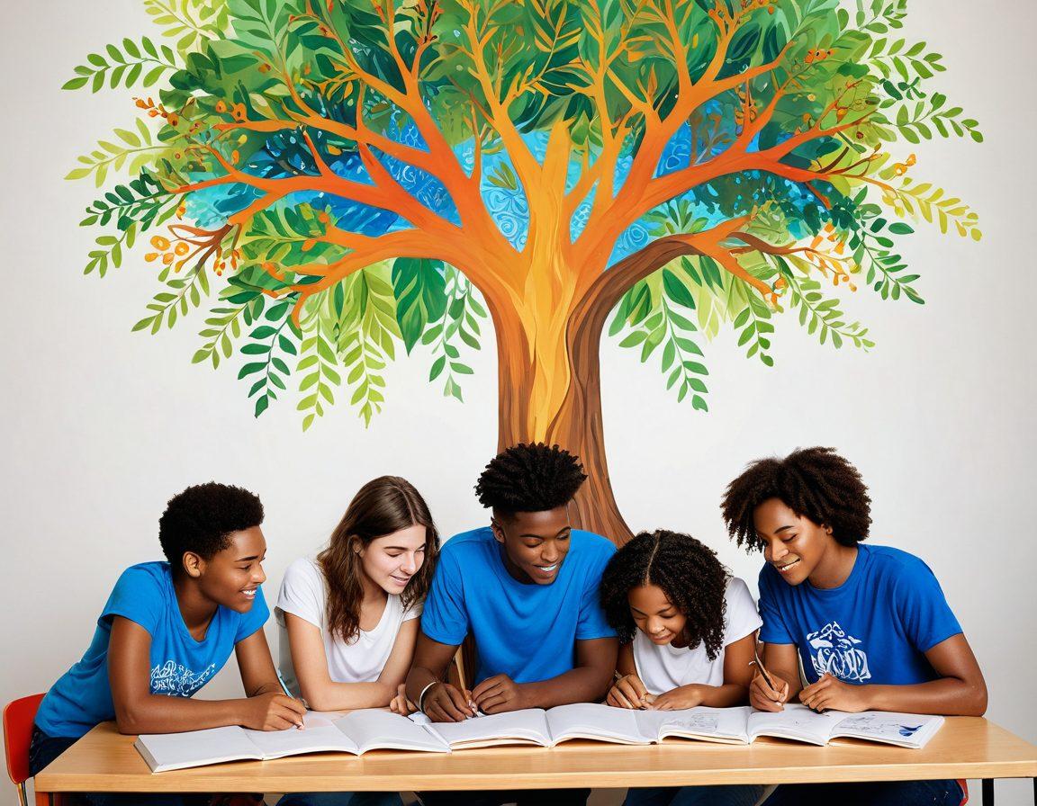 Depict a diverse group of enthusiastic teens engaging in various activities: reading books, brainstorming ideas, and creating art. Showcase backgrounds filled with uplifting quotes and symbols of empowerment, like a vibrant mural of a tree representing growth. Integrate soft warm lighting to create an inviting atmosphere. super-realistic. vibrant colors. white background.