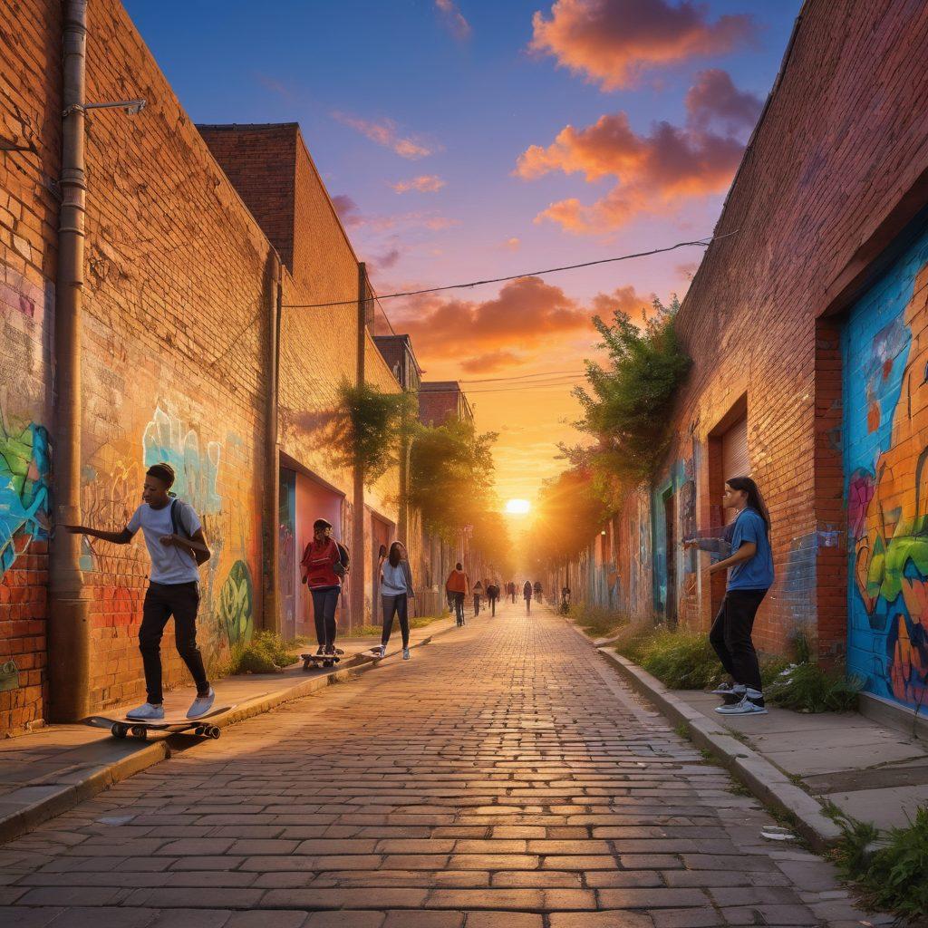 A lively scene of diverse teenagers engaging in various activities such as music, art, and sports, surrounded by colorful graffiti reflecting youth culture. The background features a fusion of urban elements and nature, symbolizing unity and shared experiences. Include elements like headphones, skateboards, art supplies, and a vibrant sunset. super-realistic. vibrant colors. urban style.